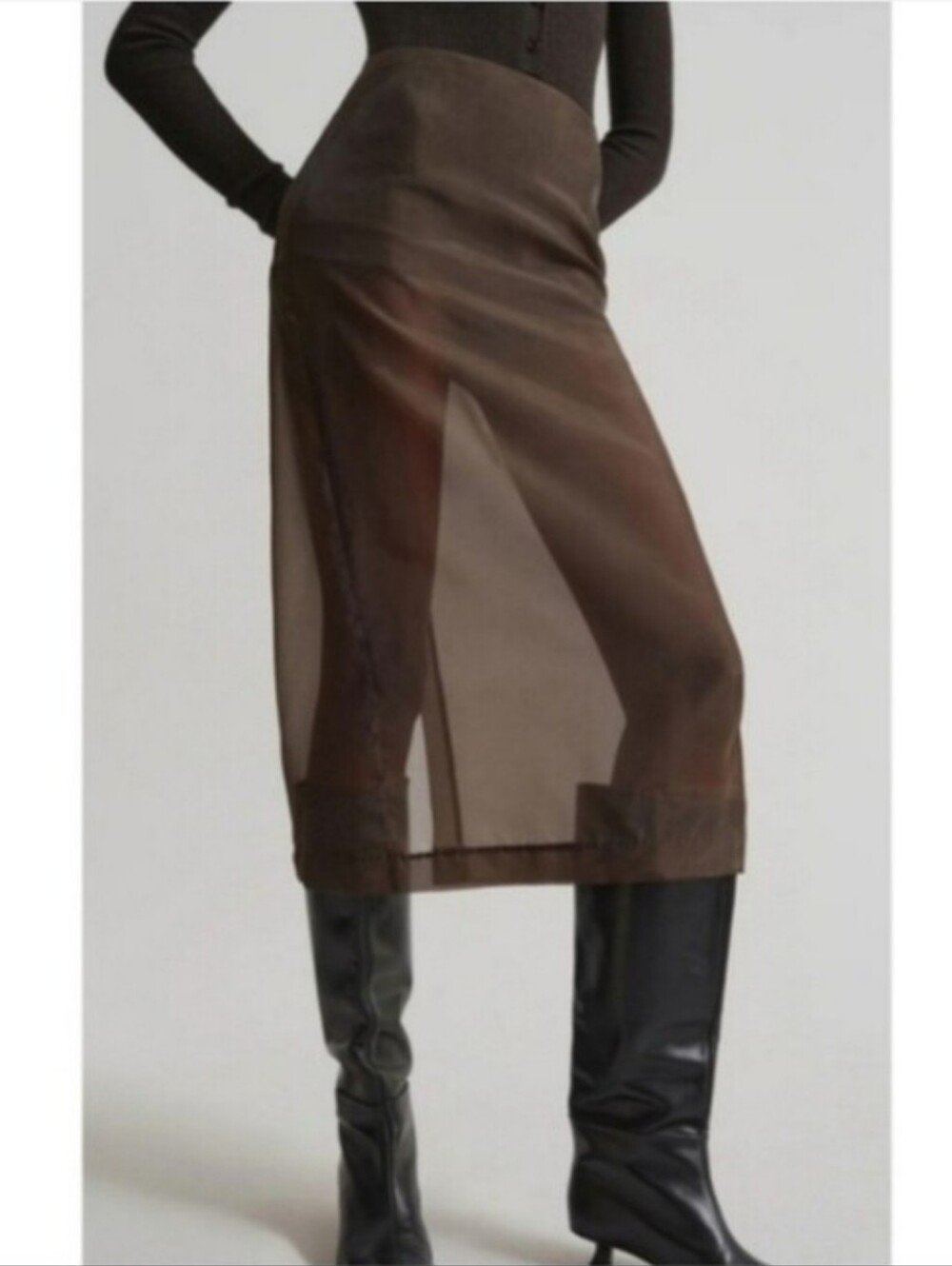 NWT THE FRANKIE SHOP PERI SHEER MIDI SKIRT IN BROWN